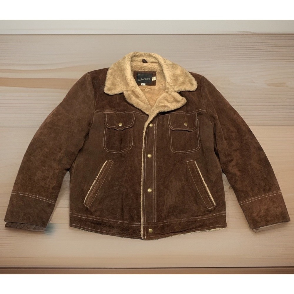 Vintage 70s Suede Sherling Lined Rancher Coat JC Penny Cowhide Leather Western L